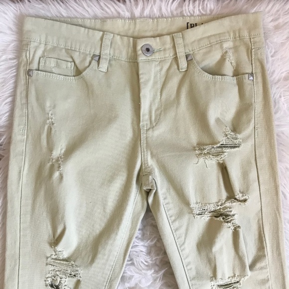 BlankNYC Light Green Distressed Studded Snake Print Trim Mid Rise Skinny Jeans - Picture 2 of 8